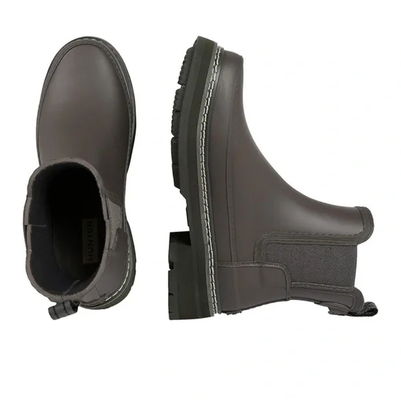 Hunter Refined Chelsea Stitch Detail Women's Rain Boots Grey Brown Lug Sole - Picture 1 of 7